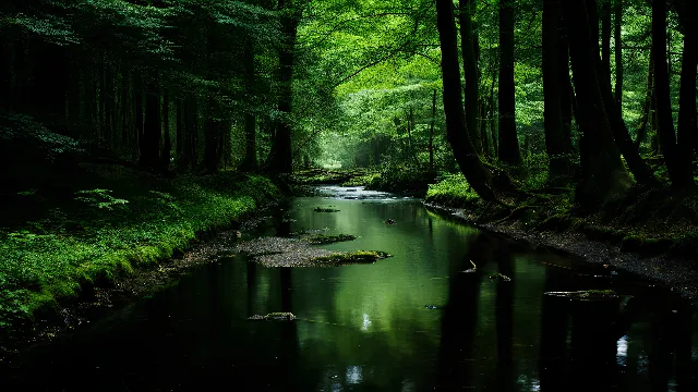 Water, Plant, Water resources, Green, Fluvial landforms of streams, Tree, Natural landscape, Branch, Terrestrial plant, Sunlight, Watercourse, Trunk, Riparian zone, Biome, Bank, Spring, Landscape, Grass, Woody plant, Deciduous