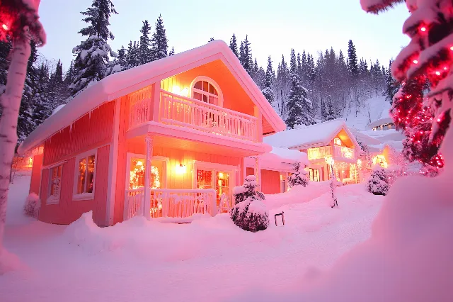 Winter, Snow, Home, Cottage, Freezing, Frost, Christmas Day, Holiday, Precipitation, Conifers, Fir, Winter storm, Ski resort, Pine family, Evening, Evergreen, Hut, Pine, Ice, Larch