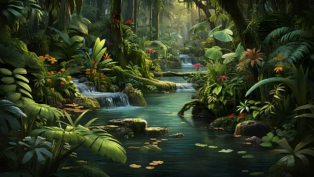 Water, Flower, Plant, Plant community, Ecoregion, Green, Natural landscape, Nature, Botany, Terrestrial plant, Vegetation, Watercourse, Arecales, Biome, Landscape, Fluvial landforms of streams, Grass, Adaptation, Aquatic plant, Painting