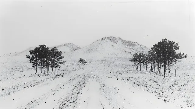 White, Hill, Winter, Snow, Monochrome photography, Drawing, Black and white, Slope, Monochrome, Glacial landform, Freezing, Dirt road, Precipitation, Conifers, Mound, Sketch, Winter storm, Tundra, Trail, Massif