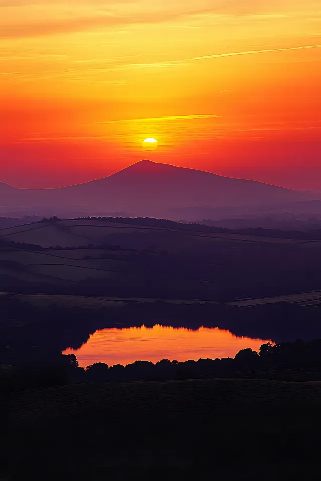 Afterglow, Orange, Horizon, Sunset, Dusk, Yellow, Sunrise, Natural landscape, atmospheric phenomenon, Red sky at morning, Ecoregion, Evening, Hill, Cloud, geological phenomenon, Sunlight, Sun, Morning, Reflection, Dawn