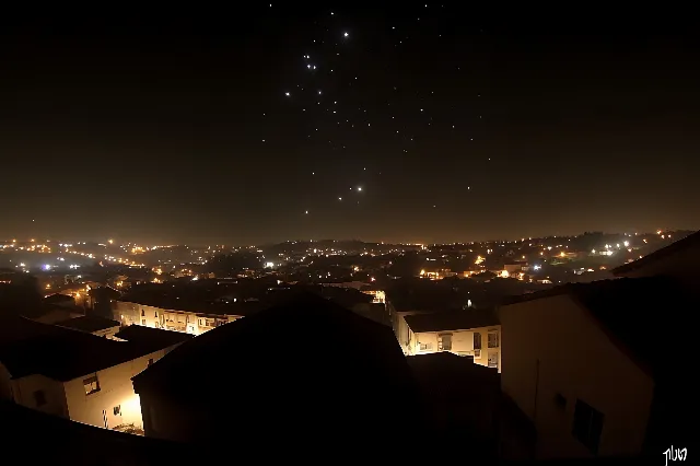 Night, Roof, Residential area, Midnight, Electricity, Darkness, Astronomical object, Evening, Suburb, Star, Heat, Dusk, Electrical Supply, Science