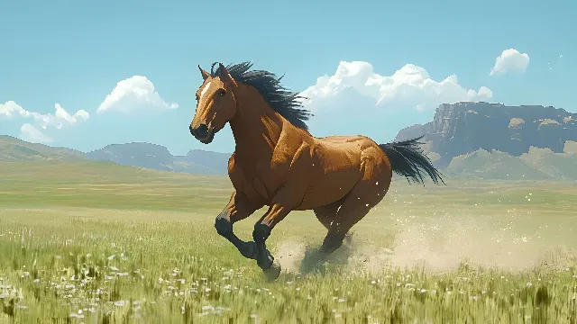 Horse, Grassland, Mustang, Pasture, Steppe, Meadow, Prairie, Wildlife, Sorrel, Mane, Working animal, Stallion, Mare, Livestock, Animation, Savanna, Ranch, Pack animal, Tundra