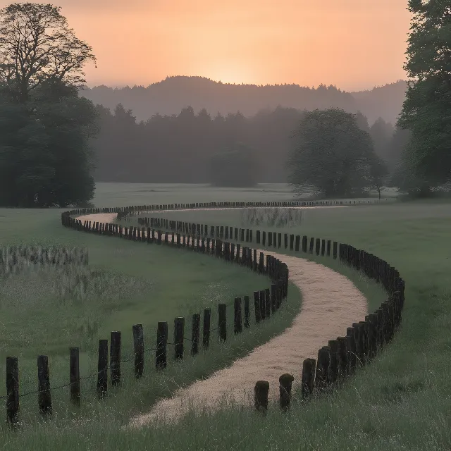 Natural landscape, atmospheric phenomenon, Fence, Landscape, Plain, Morning, Mist, Field, Home Fencing, Pasture, Split-rail fence, Evening, Trail, Walkway, Ranch, Shadow, Farm, Haze, Path, Plantation