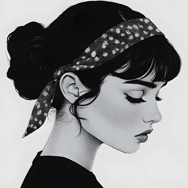 Lips, Eyelash, Monochrome photography, Black and white, Fashion illustration, Bangs, Sketch, Headpiece, Graphics, Line art, Lipstick, No expression