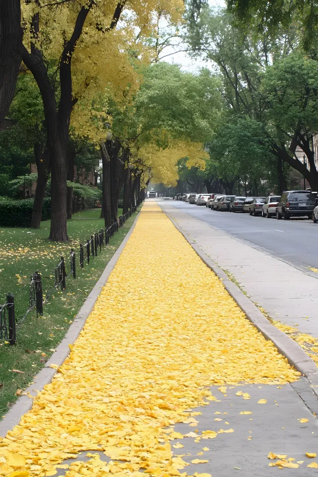 Yellow, Leaf, Public space, Trunk, Autumn, Sidewalk, Woody plant, Path, Walkway