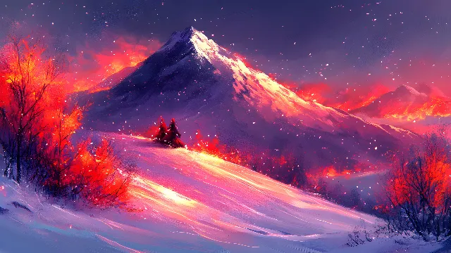 Red, Winter, geological phenomenon, Red sky at morning, Mountain range, Astronomical object, Sunrise, Snow, Frost, Freezing, Meteorological phenomenon, Graphics, Ridge, Precipitation, Alps, Evening, Star, Aurora, Watercolor painting, Afterglow