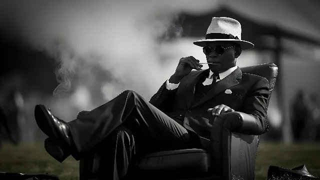 Hat, Flash photography, Sun hat, Standing, Gesture, Black-and-white, Style, Collar, Headgear, Military person, Blazer, Monochrome photography, Monochrome, Formal wear, Fedora, Tie, Event, Uniform, Suit, Costume hat