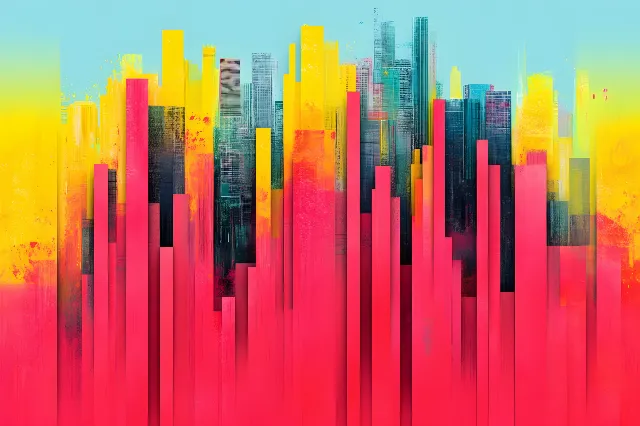 Red, Orange, Skyscraper, Skyline, Cityscape, High-rise building, Graphics, Design, Graphic design, Paint, Modern art