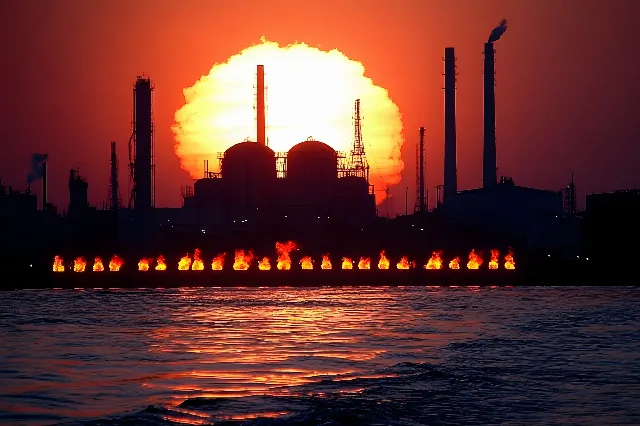 Industry, Pollution, Liquid, Smoke, Orange, Power station, Heat, Factory, Steam, Evening, Flame, Chimney, Dusk, Fire, Gas flare