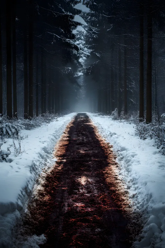 Wood, Winter, Road, atmospheric phenomenon, Forest, Spruce-fir forests, Trail, Freezing, Snow, Trunk, Woodland, Frost, Grove, Old-growth forest, Northern hardwood forest, Evening, Walkway, Conifers, Tropical and subtropical coniferous forests, Night