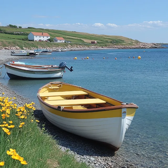 Water, Boat, Sky, Plant, Cloud, Watercraft, Vehicle, Boats and boating--Equipment and supplies, Flower, Lake, Wood, Coastal and oceanic landforms, Leisure, Bank, Tree, Landscape, Canoe, Recreation, Shore, Horizon