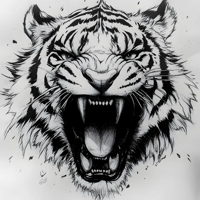 White, Facial expression, Tiger, Felidae, Tooth, Bengal tiger, Panthera, Roar, Siberian Tiger, Drawing, Snout, Line art, Fang, Whiskers, Design, Sketch, Graphics