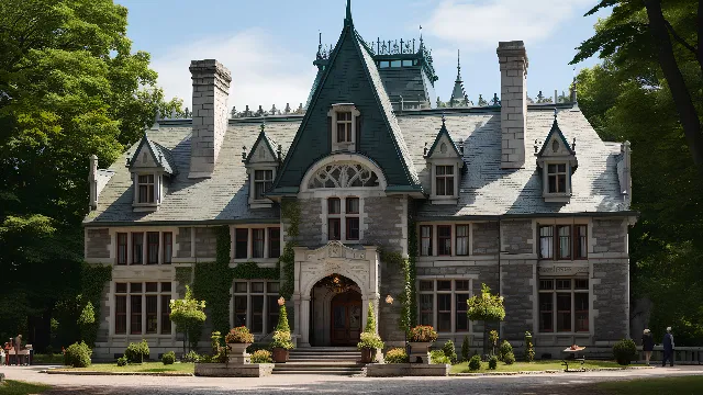 Plant, Sky, Cloud, Window, Building, Tree, Residential area, Real estate, Facade, Roof, Fixture, Grass, Door, Turret, Manor house, Sash window, House, Cottage, Stately home, Home