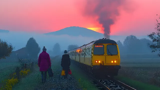 Nature, Train, atmospheric phenomenon, Cloud, Orange, Evening, Rail transport, Dusk, Morning, Rolling stock, Electricity, Track, Public transport, Travel, Public utility, Locomotive, Sunrise, Winter, Sunset, Mist