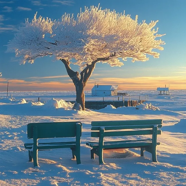 Blue, Branch, Winter, Snow, Twig, Bench, Outdoor Bench, Freezing, Furniture, Frost, Morning, Sunlight, Ice, Outdoor furniture, Evening, Precipitation, Dusk, Sunrise, Sunset, Dawn