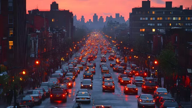 Land vehicle, Mode of transport, Car, Motor vehicle, City, Urban area, Automotive lighting, Road, Metropolitan area, Traffic congestion, Traffic, Dusk, Street, Metropolis, Thoroughfare, Evening, Highway, Automotive Side-View Mirror, Family car, Automotive Mirror