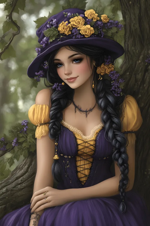 Beauty, Fashion, Headgear, Hat, Black hair, CG artwork, Long hair, People in nature, Purple, Sun hat, Costume, Animation, Fictional character, Model, Victorian fashion, Fashion illustration, Photo shoot, Animated cartoon, Fashion Model