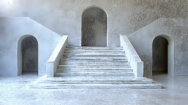 Stairs, Grey, Symmetry, Tints and shades, Water, Concrete, Art, Column, Composite material, Wood, Facade, Arch, Door, Rectangle, Shadow, Landscape, Historic site, Tree, Holy places, Darkness