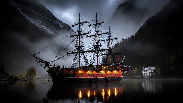 Water, Boat, Cloud, Vehicle, Sky, Watercraft, Mast, Lake, Electricity, Sailboat, Ship, Mountain, Barquentine, Tall ship, Darkness, Training ship, Art, Full-rigged ship, Dock, Sailing ship