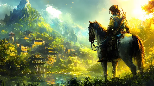 Game, Forest, Horse, CG artwork, Jungle, Fictional character, Video Game Software, Horse tack, PC game, Armour, Mythology, Animation, Graphics, Old-growth forest, Adventure game, Digital compositing, Action-adventure game, Strategy video game, Hinterland, Working animal