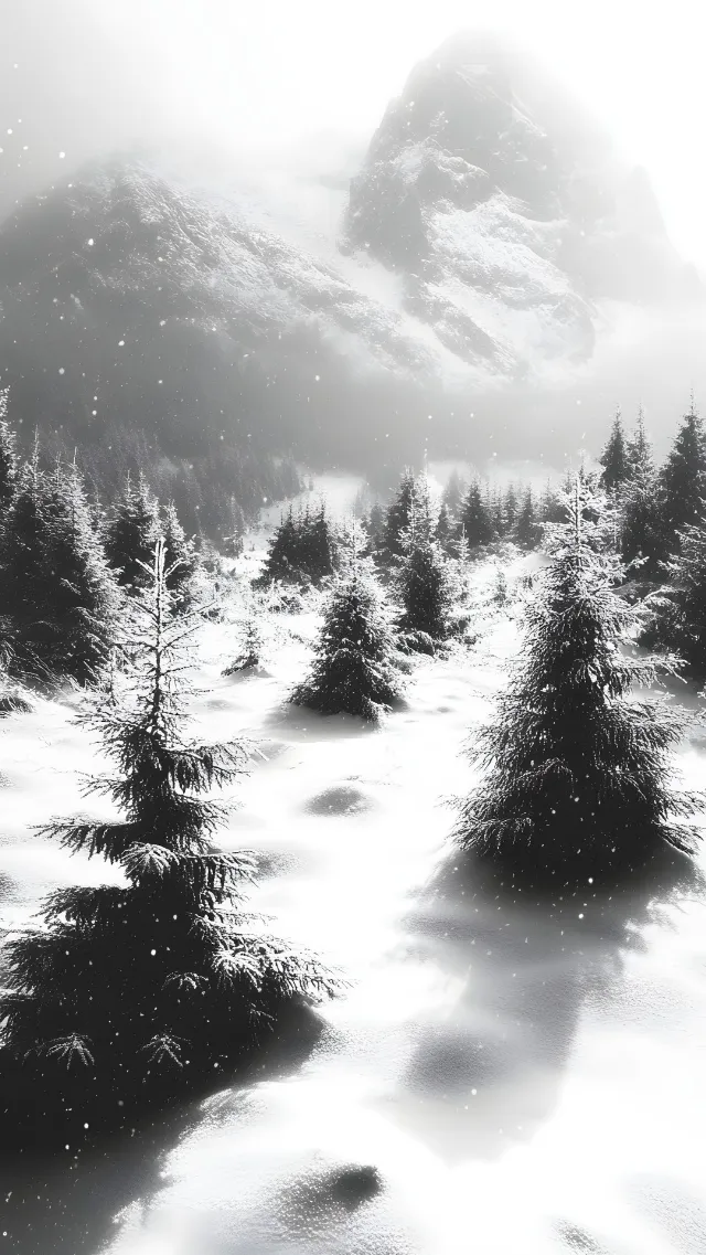 Snow, Monochrome photography, Winter, Nature, Branch, atmospheric phenomenon, White, Mountain, Wilderness, Spruce-fir forests, Forest, Black and white, Freezing, geological phenomenon, Monochrome, Larch, Frost, Hill station, Mist, Slope