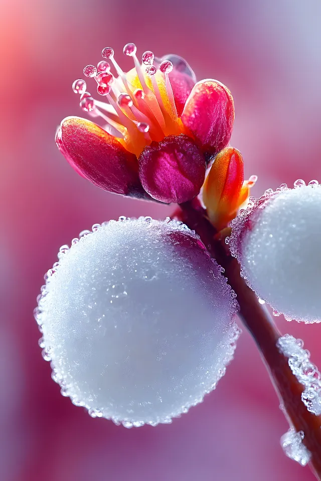 Red, Pink, Close-up, Petal, Macro photography, Twig, Moisture, Dew, Drop, Berry, Still life photography, Blossom, Bud