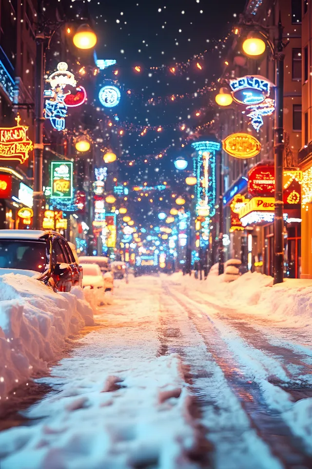 Road, Lighting, Winter, Night, Electricity, Street, Snow, Midnight, Metropolis, Freezing, Precipitation, Street light, Electrical Supply, Traffic, Holiday, Neon, Electronic signage, Christmas Day