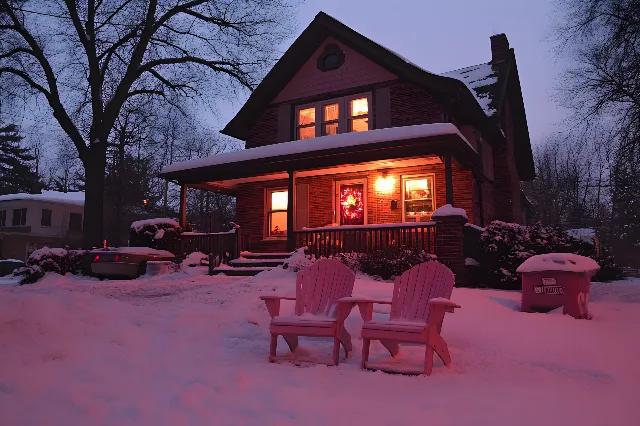 Snow, Winter, House, Branch, Home, Cottage, Roof, Freezing, Siding, Slope, Twig, Precipitation, Winter storm, Porch, Evening, Log cabin, Blizzard, Ice, Frost, Ski resort