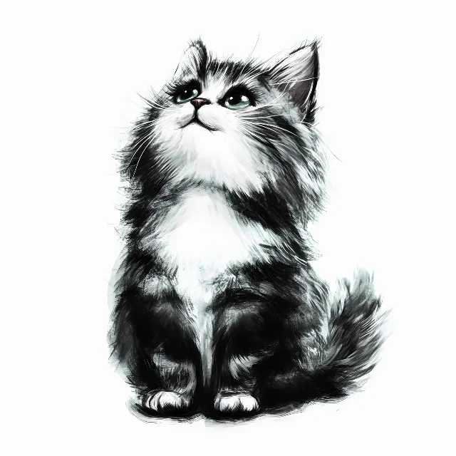 Cat, Felidae, White, Vertebrate, Felinae, Carnivores, Whiskers, Black, Fur, Snout, Black and white, Grey, Line art, Graphics, Domestic long-haired cat, Maine Coon, Persian cat, Tail, Kitten, Norwegian Forest cat