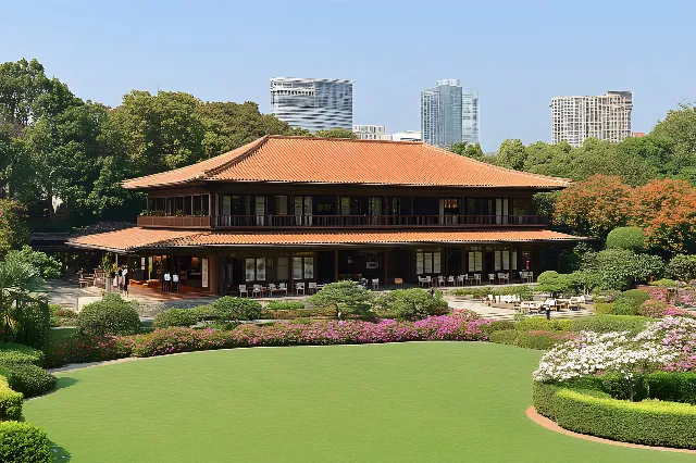 Shrub, Spring, Garden, Groundcover, Shade, High-rise building, Condominium, Chinese architecture, Landscaping, Lawn, Skyscraper, Yard, Headquarters, Park, Japanese architecture, Corporate headquarters, Hedge, Botanical garden