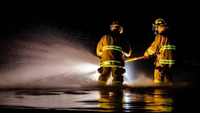 High-visibility clothing, Water, Workwear, Hard hat, Helmet, Firefighter, Flash photography, Personal protective equipment, Asphalt, Event, Rescuer, Blue-collar worker, Emergency service, Darkness, Fire department, Service, Midnight, Fun, Night