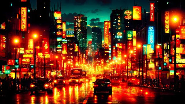 Red, City, Urban area, Metropolitan area, Metropolis, Night, Electricity, Skyscraper, High-rise building, Orange, Cityscape, Neon, Midnight, Tower, Commercial building, Traffic, Electronic signage, Skyline, Evening, Electrical Supply