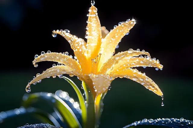 Moisture, Dew, Yellow, Green, Flower, Petal, Close-up, Drop, Macro photography, Lily, Herbaceous plant, Lilies, Daylily, Pollen, Amaryllidaceae