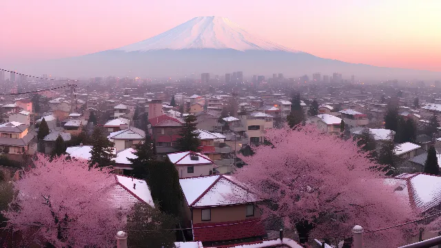 Sky, Building, Daytime, World, Mountain, Window, Snow, Architecture, Atmospheric phenomenon, Tree, Freezing, Residential area, Morning, City, Landscape, Landmark, Dusk, Cityscape, Afterglow, Tints and shades