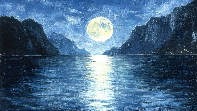 Blue, Moon, Astronomical object, Moonlight, Full moon, Sea, Reflection, Ocean, Celestial event, Sound, Mountain river, Loch, Wind wave, Lake District, Astronomy, Watercolor painting