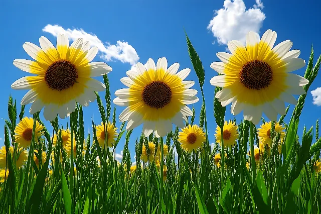 Flower, Blue, Yellow, Petal, Green, Close-up, Flowering plant, Field, Meadow, Herbaceous plant, Plant stem, Wildflower, Common sunflower, Pollen, Pedicel, Sunflowers, Daisy family, Forb, Agriculture, Plantation