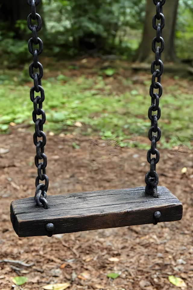 Wood, Swing, Chain, Natural material, Outdoor Play Equipment, Rust, Hardwood, Plank, Rope, Balance