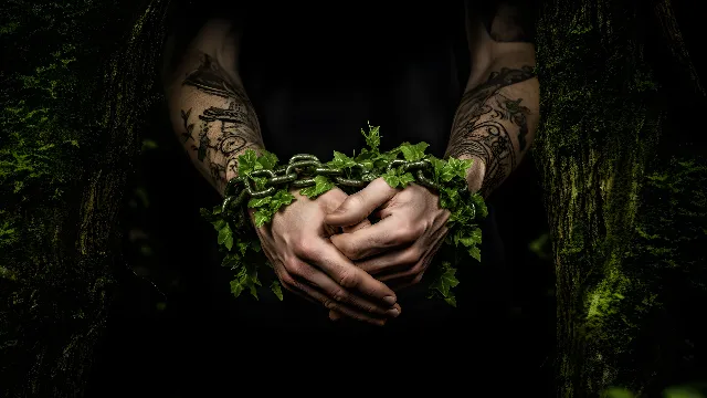 Hand, Arm, Leaf, Dress, Flash photography, Branch, People in nature, Wood, Plant, Gesture, Grass, Finger, Twig, Wrist, Forest, Nail, Jewellery, Darkness, Font, Fashion accessory