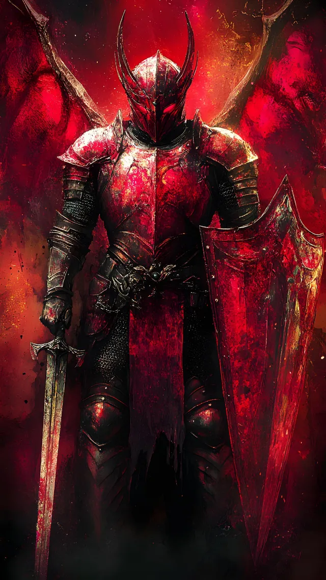 Red, Armour, Fictional character, CG artwork, Knight, Action-adventure game, Breastplate, Action, Mythology, Supernatural creature, Fiction, Video Game Software, Cuirass, Graphics, Animation, Blade, Warlord, PC game, Digital compositing, Demon