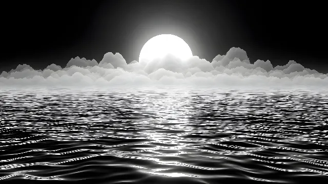 Fluid, Monochrome photography, Sea, Liquid, Ocean, Wave, Monochrome, Astronomical object, Wind wave, Black and white, Reflection, Wind, Evening, Meteorological phenomenon, Moonlight, Sound, Sun