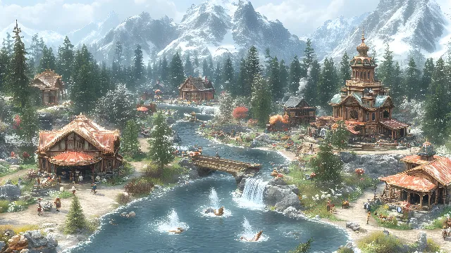 Tree, Plants, Natural landscape, Landscape, Forest, Bank, Game, Village, Valley, Video Game Software, PC game, Mountain river, Mountain Village, Strategy video game, Hut, Conifers, Riparian zone, Winter, Adventure game, Animation