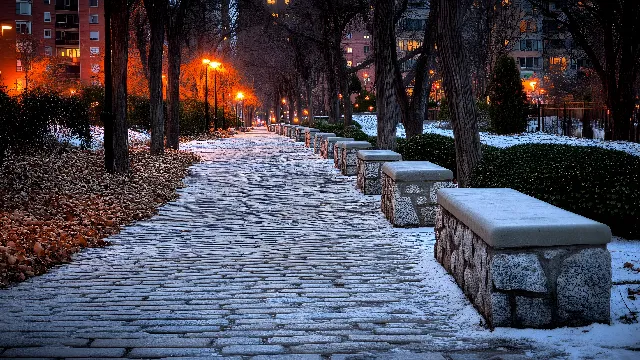 Cobblestone, Sidewalk, Street, Winter, Walkway, Freezing, Evening, Street light, Autumn, Flagstone, Security lighting, Snow, Brick, Shadow, Dusk, Alley, Night, Path