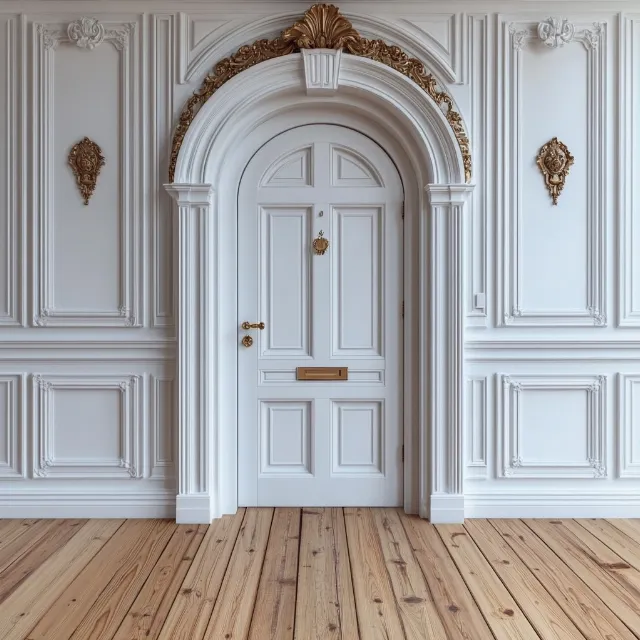 Wood, Door, Home Door, Molding, Wood stain, Hardwood, Metal, Door handle, Ornament, Building material, Design, Handle, Symmetry, Varnish, Household hardware, Paint, Still life photography, Brass, Wood flooring, Plywood