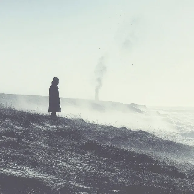 Sea, atmospheric phenomenon, Monochrome photography, Ocean, Black and white, Monochrome, Wind, Wind wave, Wave, Beach, Coast, Fog, Walking, Winter, Mist, Silhouette