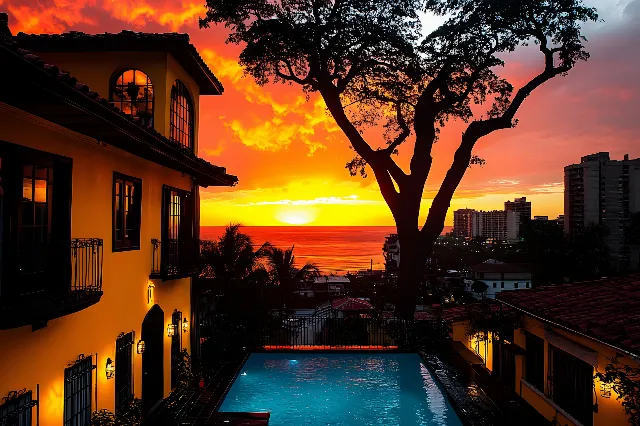 Orange, Dusk, Evening, Leisure, Sunset, Balcony, Palm trees, Afterglow, Resort, Hotel, Vacation, Eco hotel, Villa, Red sky at morning, Swimming pool, Resort town, Holiday