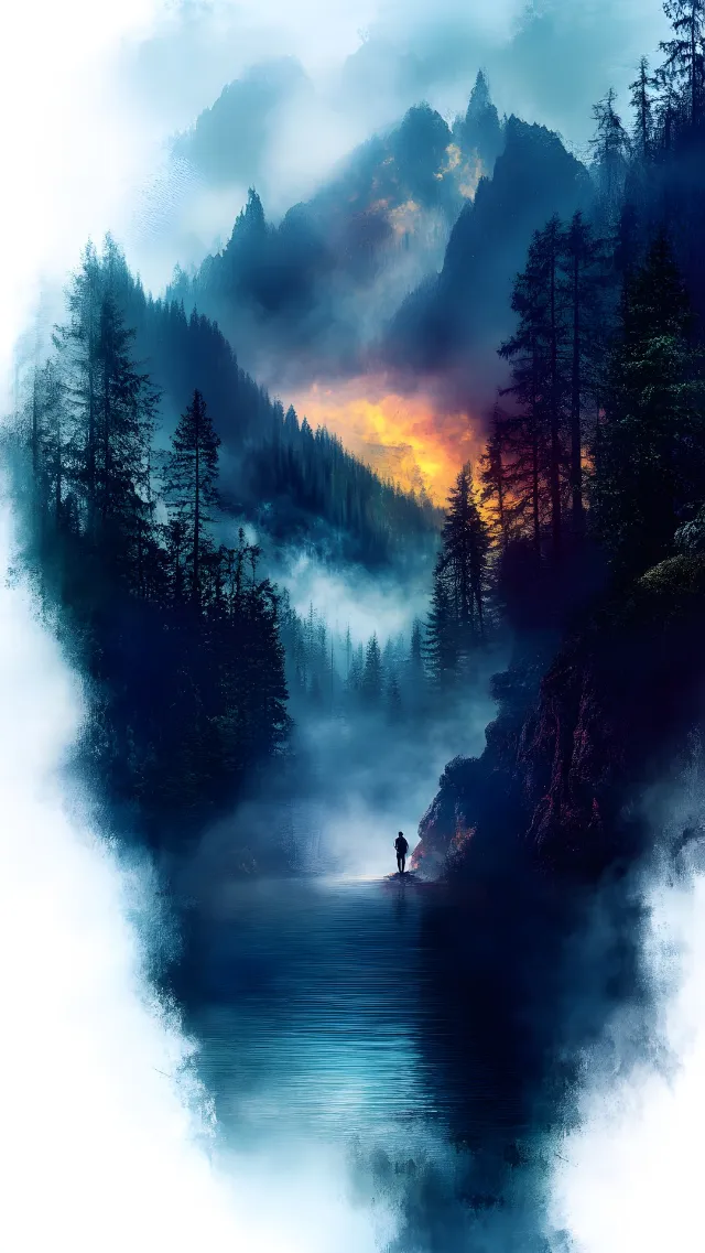 Nature, atmospheric phenomenon, Fog, Mist, Wilderness, Cloud, Forest, Mountain river, geological phenomenon, Haze, Reflection, Meteorological phenomenon, Fluvial landforms of streams, Valley, Smoke, Winter, Sunrise, Evening, Old-growth forest, Stream