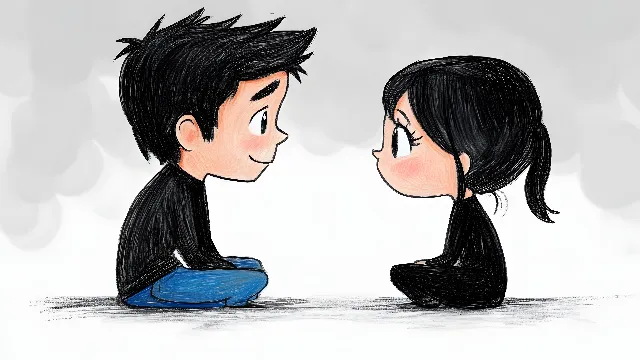 Happiness, Facial expression, Black hair, Love, Cartoon, Animation, Animated cartoon, Gesture, Romance, Graphics, Fictional character, Fiction, Child