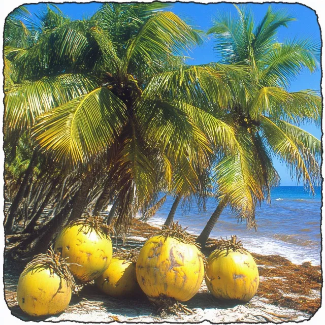 Fruit, Produce, Coconut, Natural foods, Palm trees, Food, Tropics, Caribbean, Fruit tree, Beach