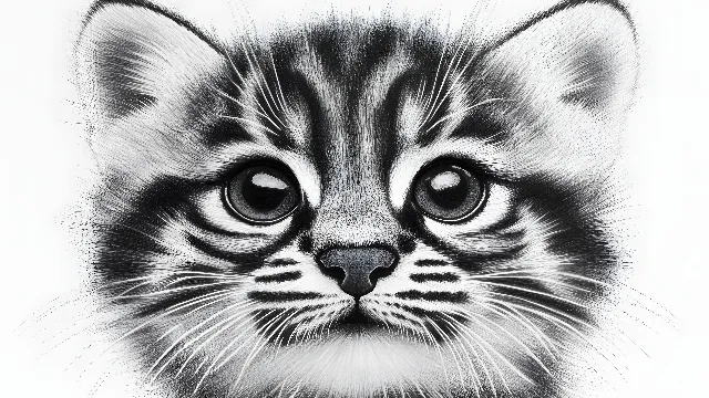 Felidae, White, Vertebrate, Facial expression, Whiskers, Cat, Felinae, Snout, Carnivores, Terrestrial animal, Panthera, Black and white, Line art, Fur, Sketch, Graphics, Kitten